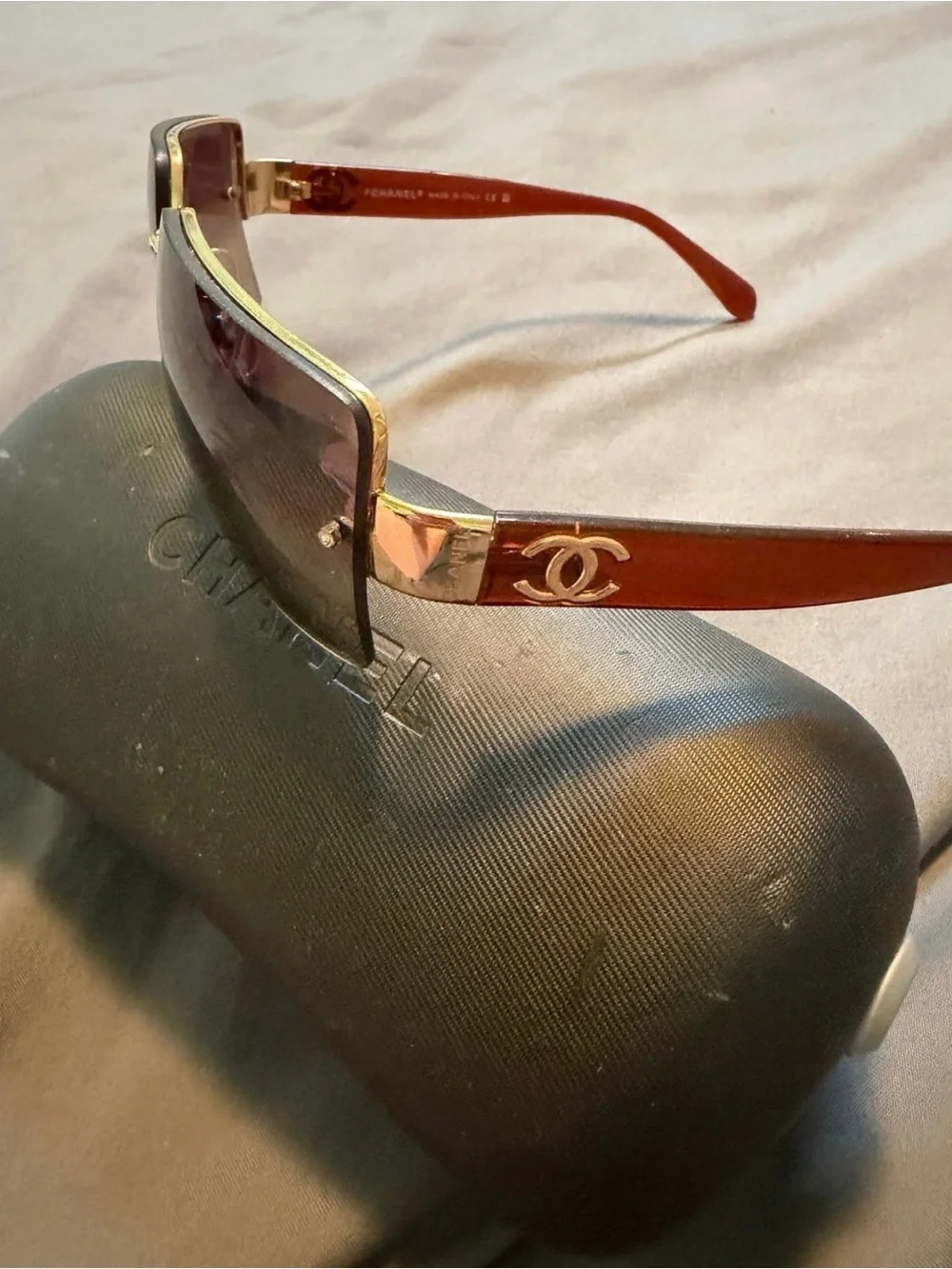 CHANEL Brown Gradient Shield Sunglasses with Gold CC Accent